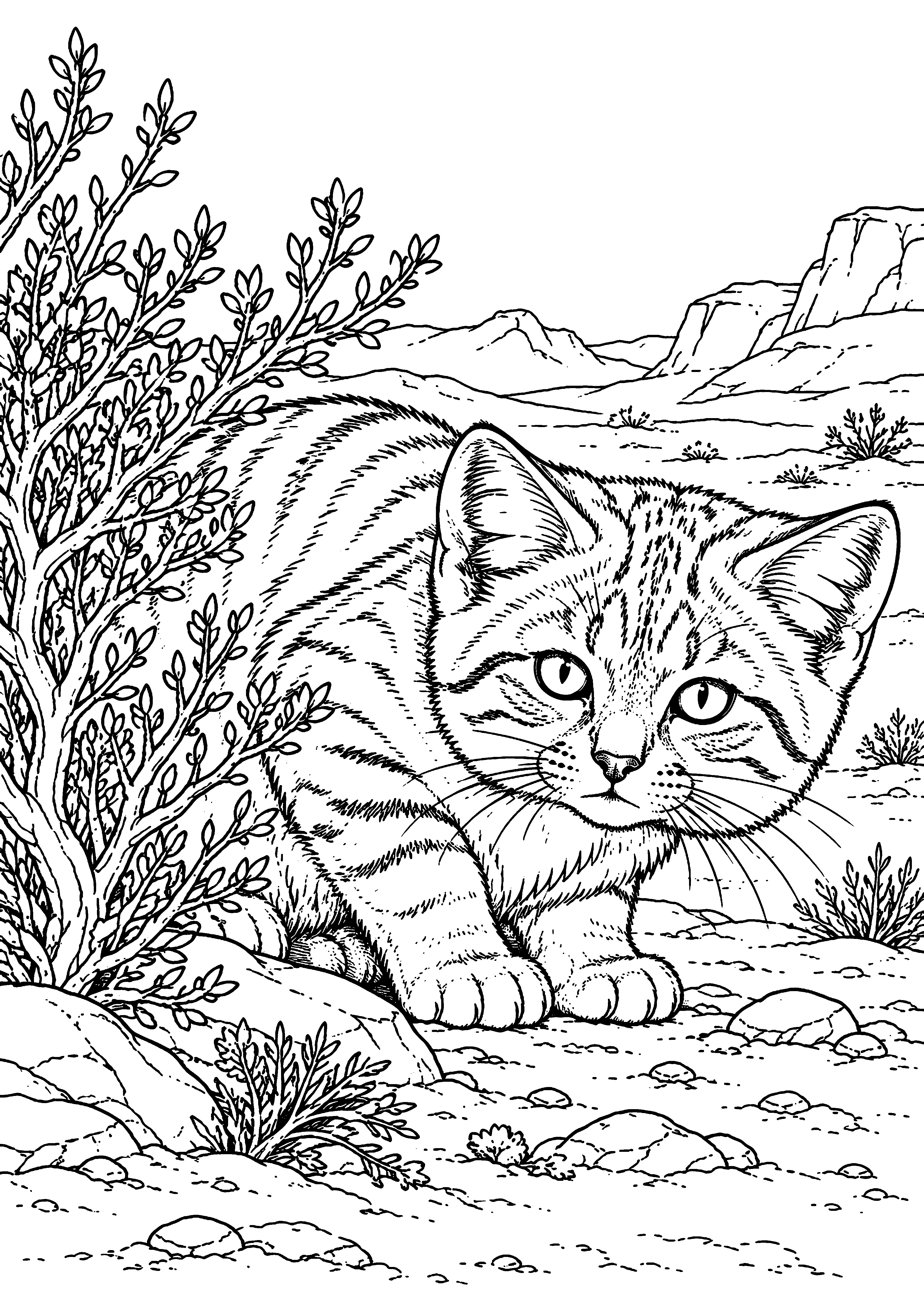 Sand Cat beside a Desert Shrub