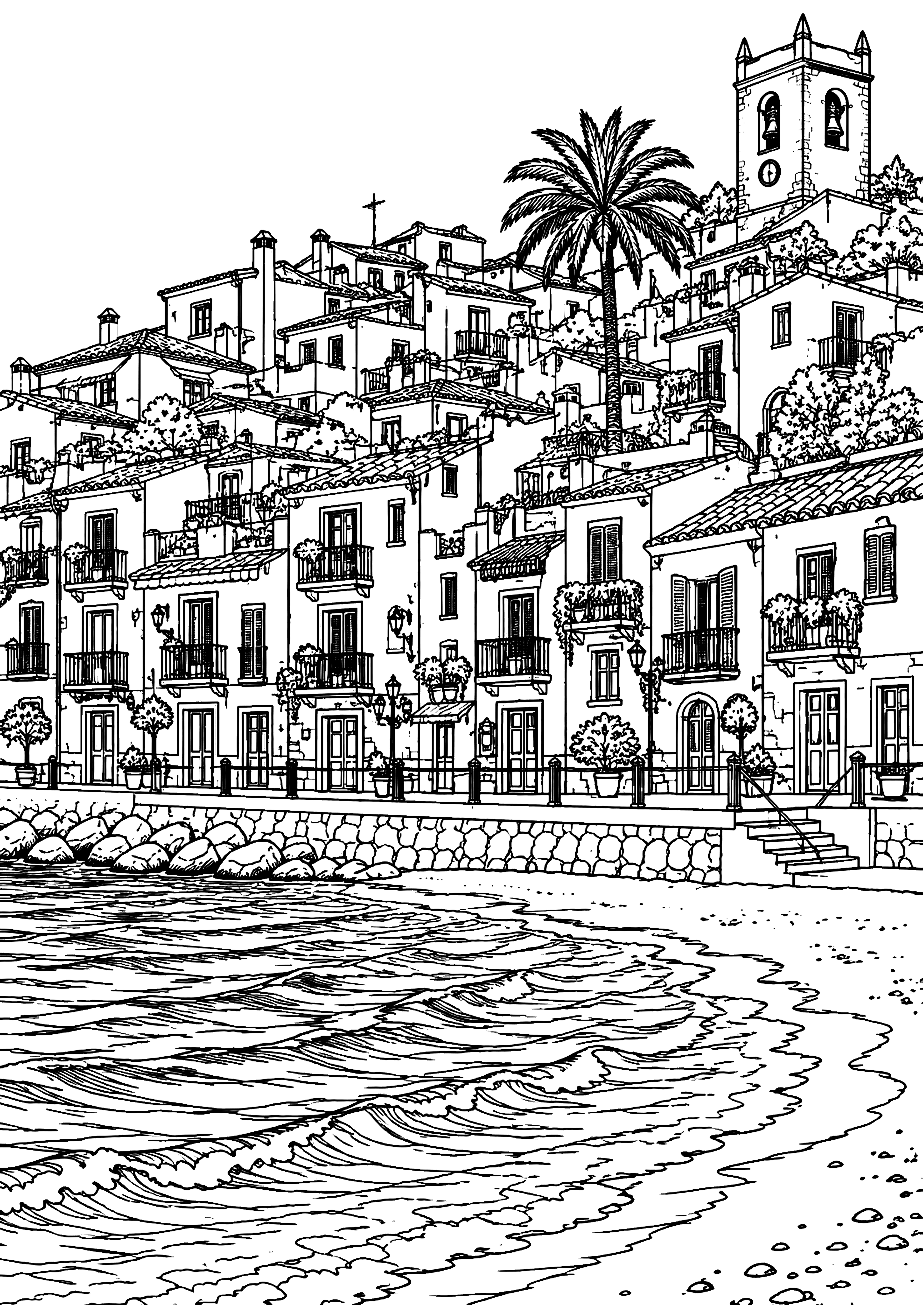Mediterranean Waterfront Town Coloring Page