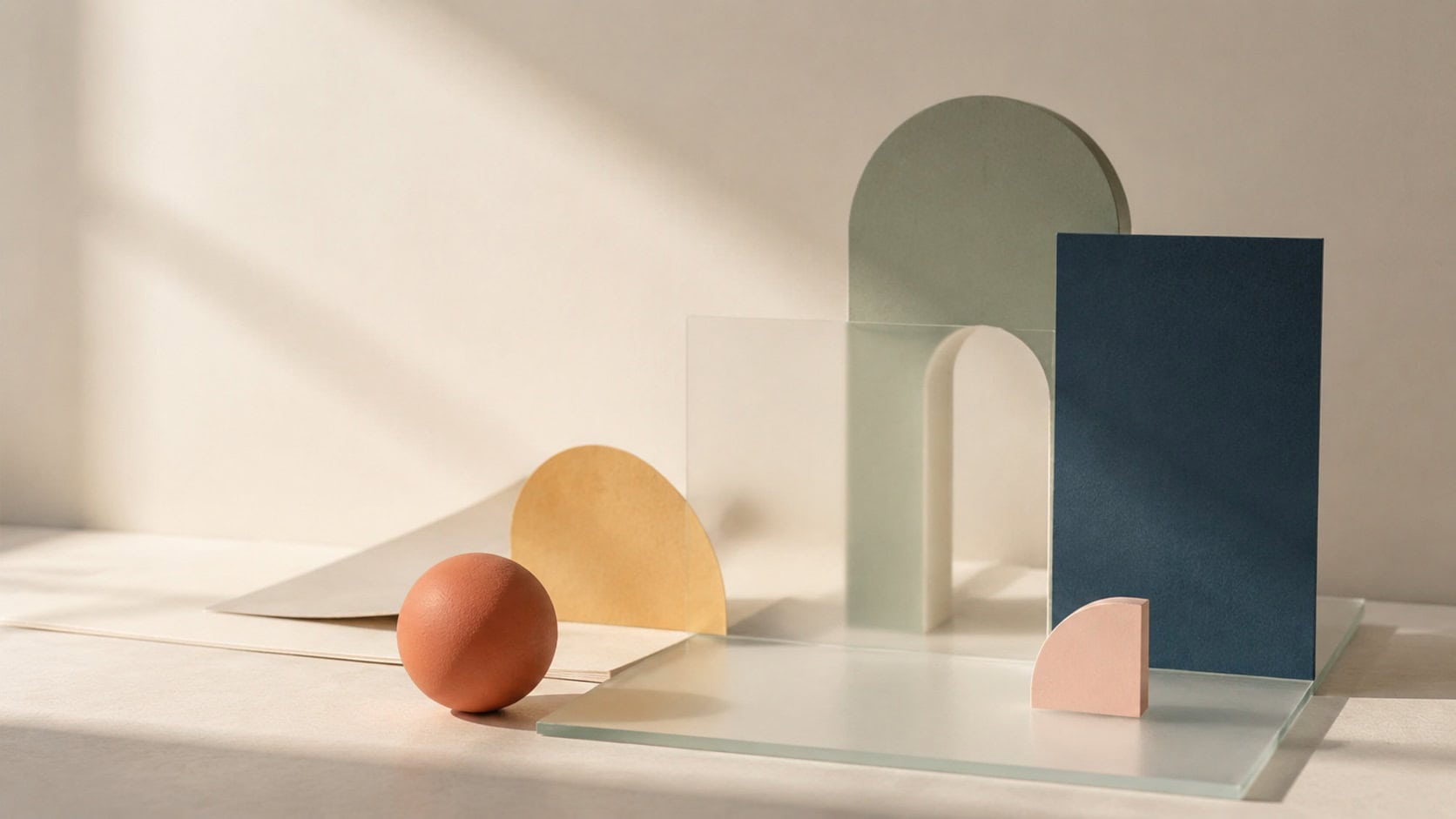 Geometric shapes in terracotta, yellow, sage green, navy blue, and cream in warm natural light.