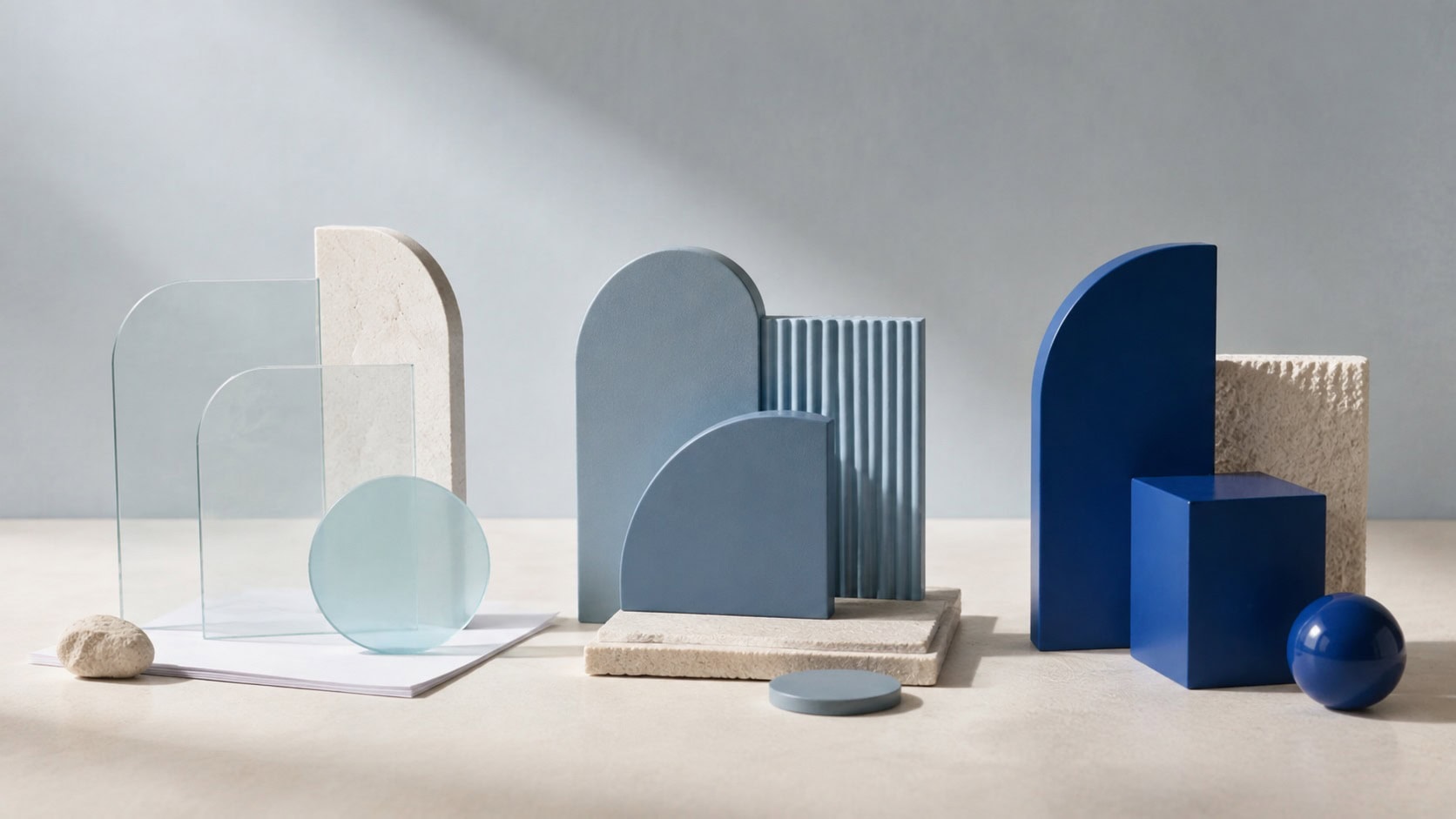Composition of blue, light blue, and transparent geometric shapes with varied materials and textures.