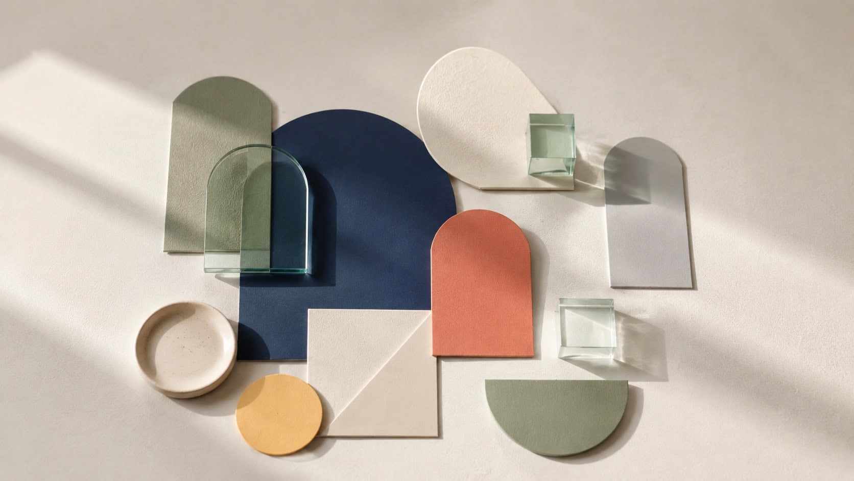 Top-down view of geometric shapes in navy blue, coral, sage green, yellow, and neutral tones.