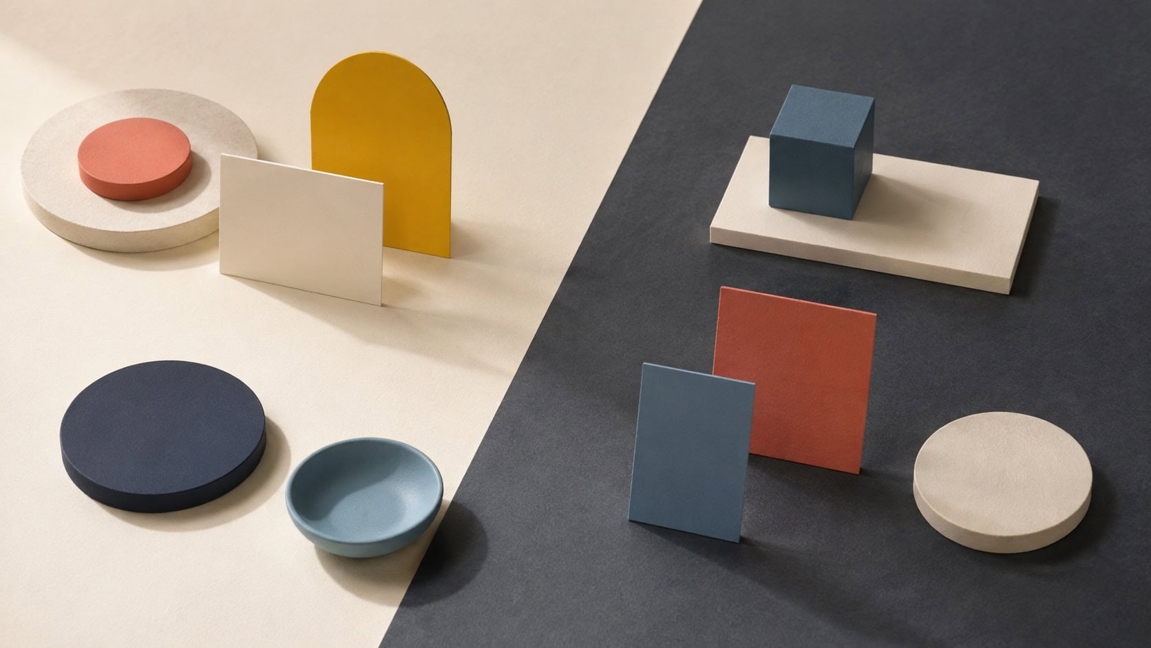 The same muted color palette and geometric forms shown against light and dark gray backgrounds.