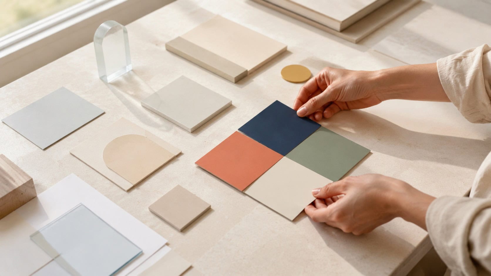 Hands arranging navy blue, terracotta, sage green, and cream color swatches into a palette.