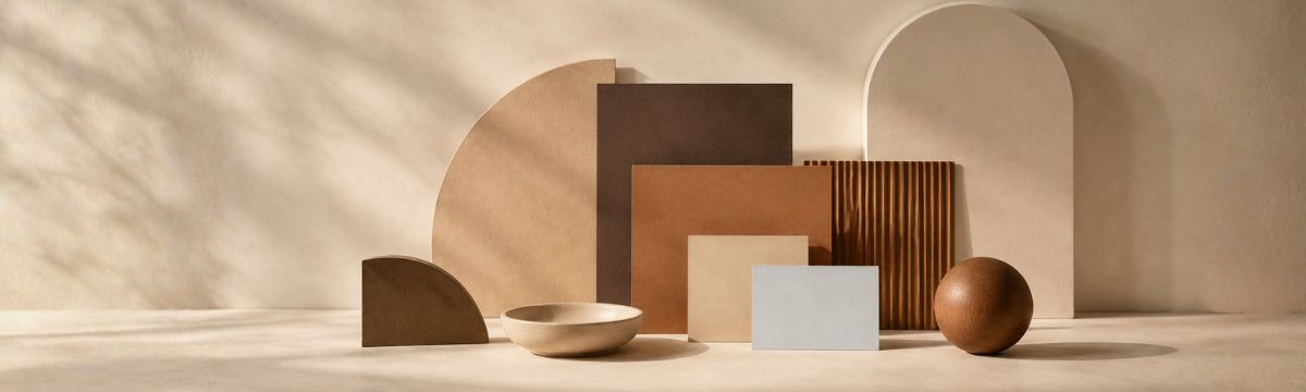 Abstract composition of clay, tan, cocoa and dark brown geometric forms with natural textures.