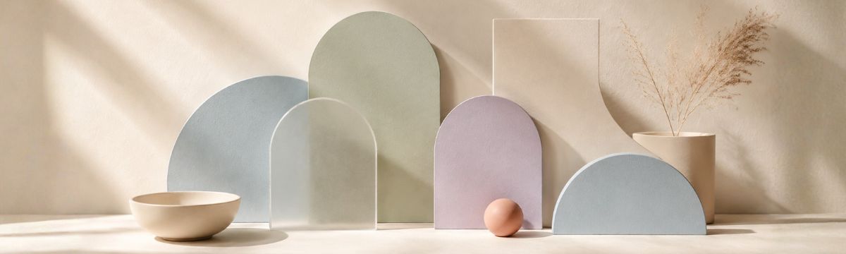 Calm palette of pale blue, muted sage, lavender-gray and warm cream geometric forms in soft daylight.