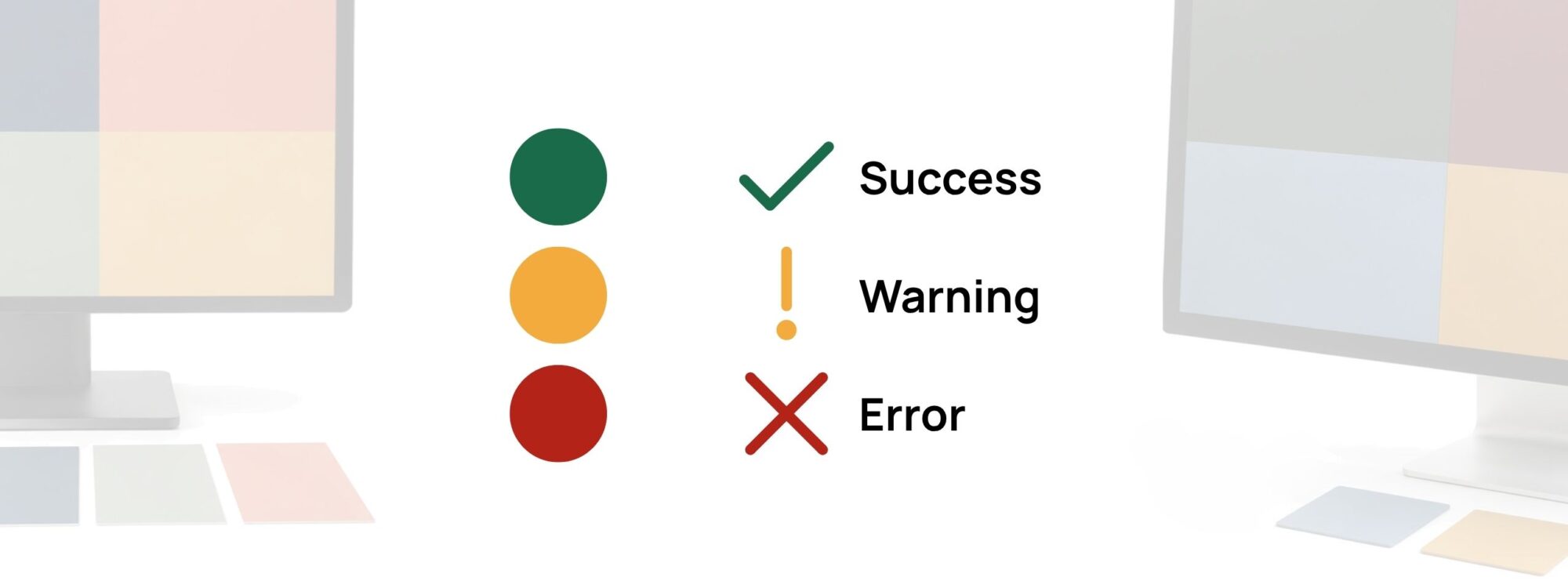 Three status colors shown alone and again with success, warning and error icons and labels, illustrating why meaning should not depend on color alone.