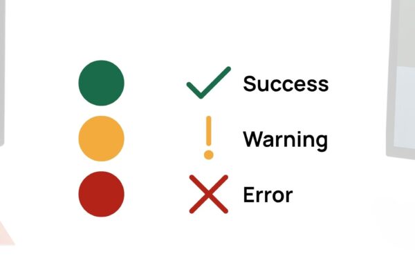 Three status colors shown alone and again with success, warning and error icons and labels, illustrating why meaning should not depend on color alone.