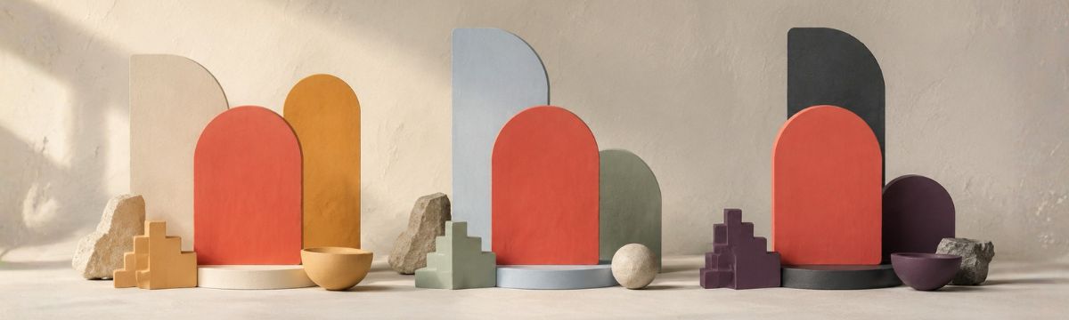 The same coral-red geometric form appears in warm, cool and dark surrounding palettes, showing how context can change its impression.