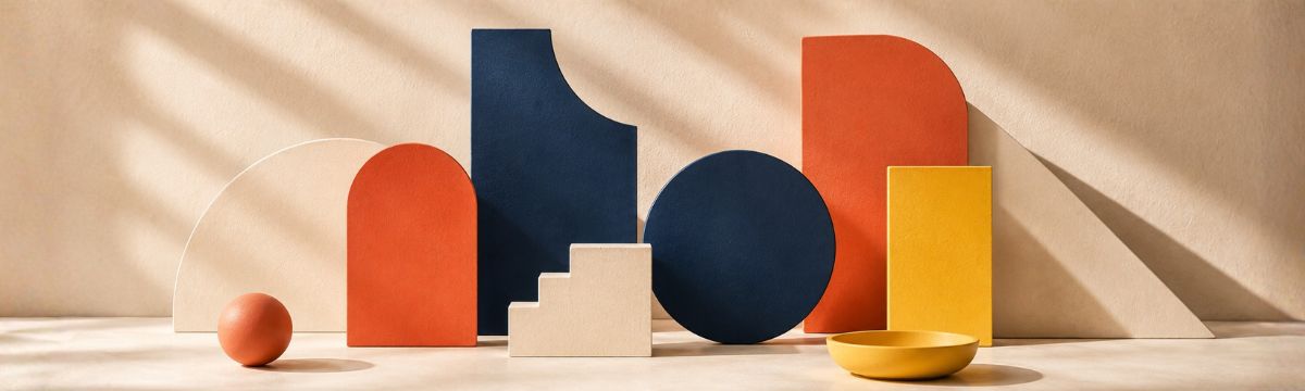 Energetic palette of deep navy, orange-red, bright yellow and cream geometric forms with strong contrast.