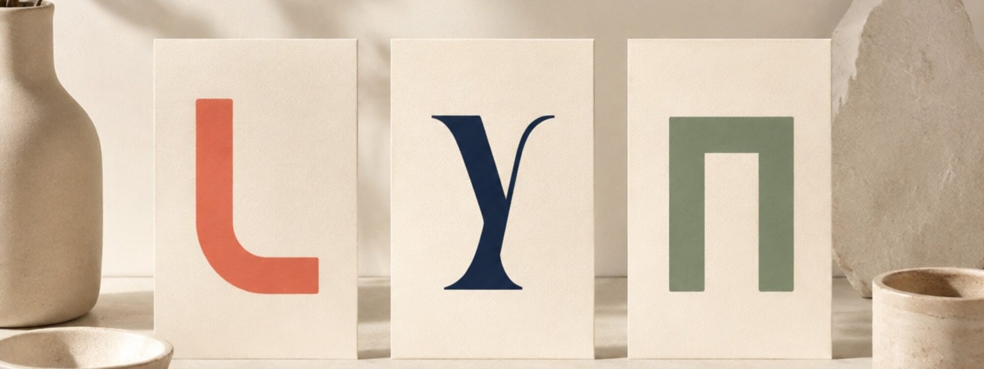 Three large letterforms in different type styles displayed on separate cards, illustrating how typography changes the appearance of text.