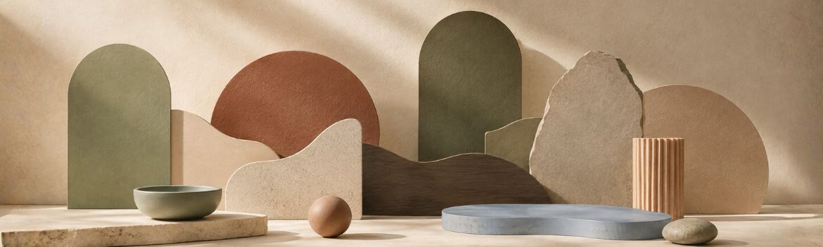 Natural earthy palette of sage, clay, bark brown, sand, stone and muted blue forms with tactile textures.