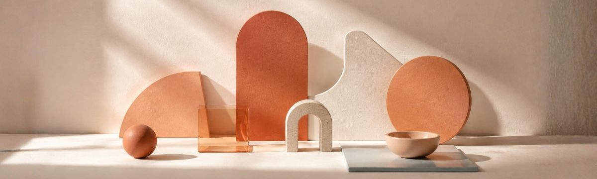 Abstract composition of terracotta, burnt orange and peach geometric forms in warm daylight.