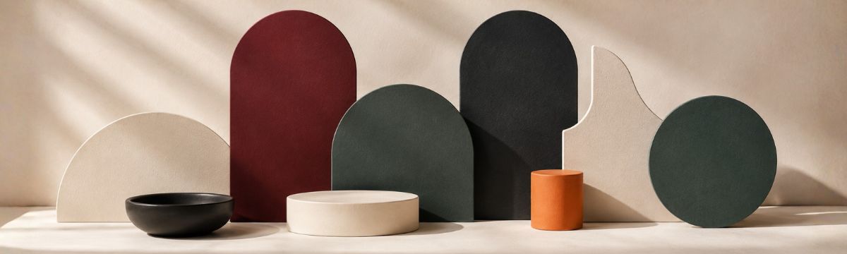 Professional palette of burgundy, forest green, charcoal, cream and muted orange geometric forms.
