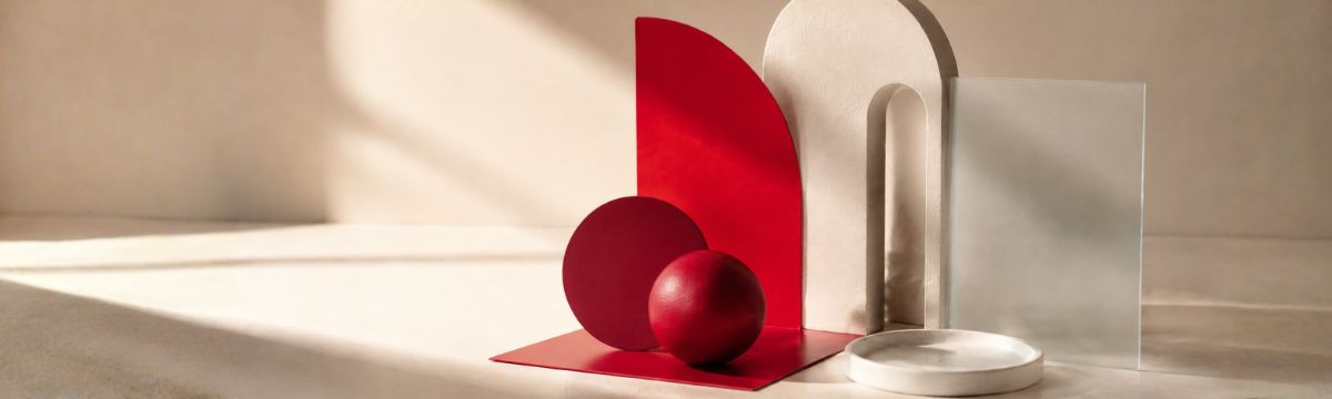 Abstract composition of bright red, crimson and wine-red geometric forms in soft daylight.