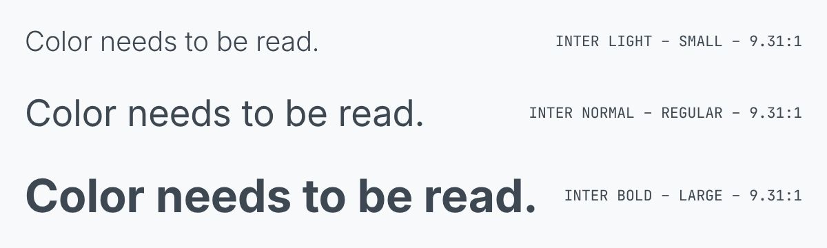 The same text and colors shown in light, regular and bold typography, each with the same 9.31 to 1 contrast ratio.