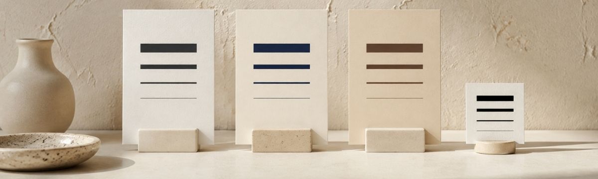 Cards with dark, blue and brown text-like lines in different weights, illustrating text hierarchy and different visual roles.
