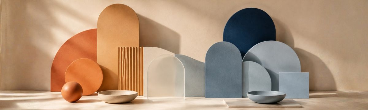 Abstract composition balancing warm terracotta and ochre forms with cool blue and navy forms in soft daylight.