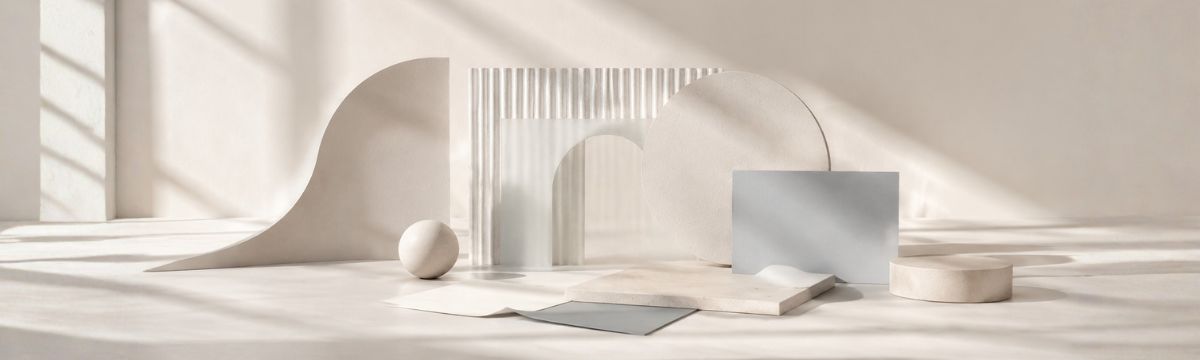 Abstract composition of warm white forms, translucent glass and soft shadows in a light studio.