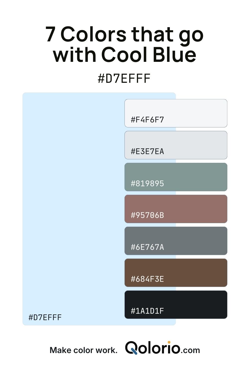 Cool blue color palette pairing soft icy blue with crisp neutrals, muted teal-gray, dusty rose, charcoal, warm brown and near-black.