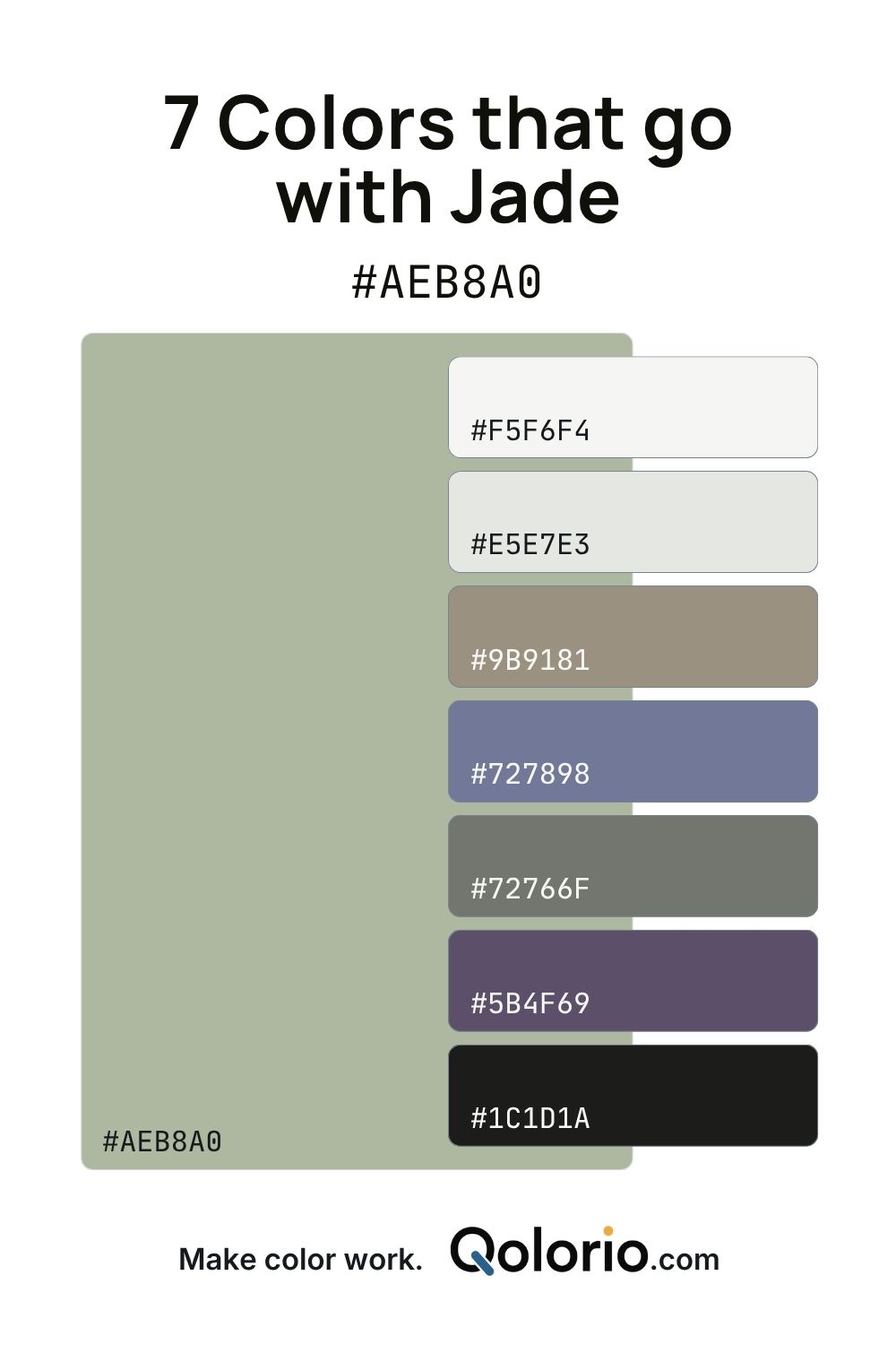 Jade color palette pairing soft muted green with warm neutrals, taupe, dusty blue, gray-green, muted plum and deep charcoal.