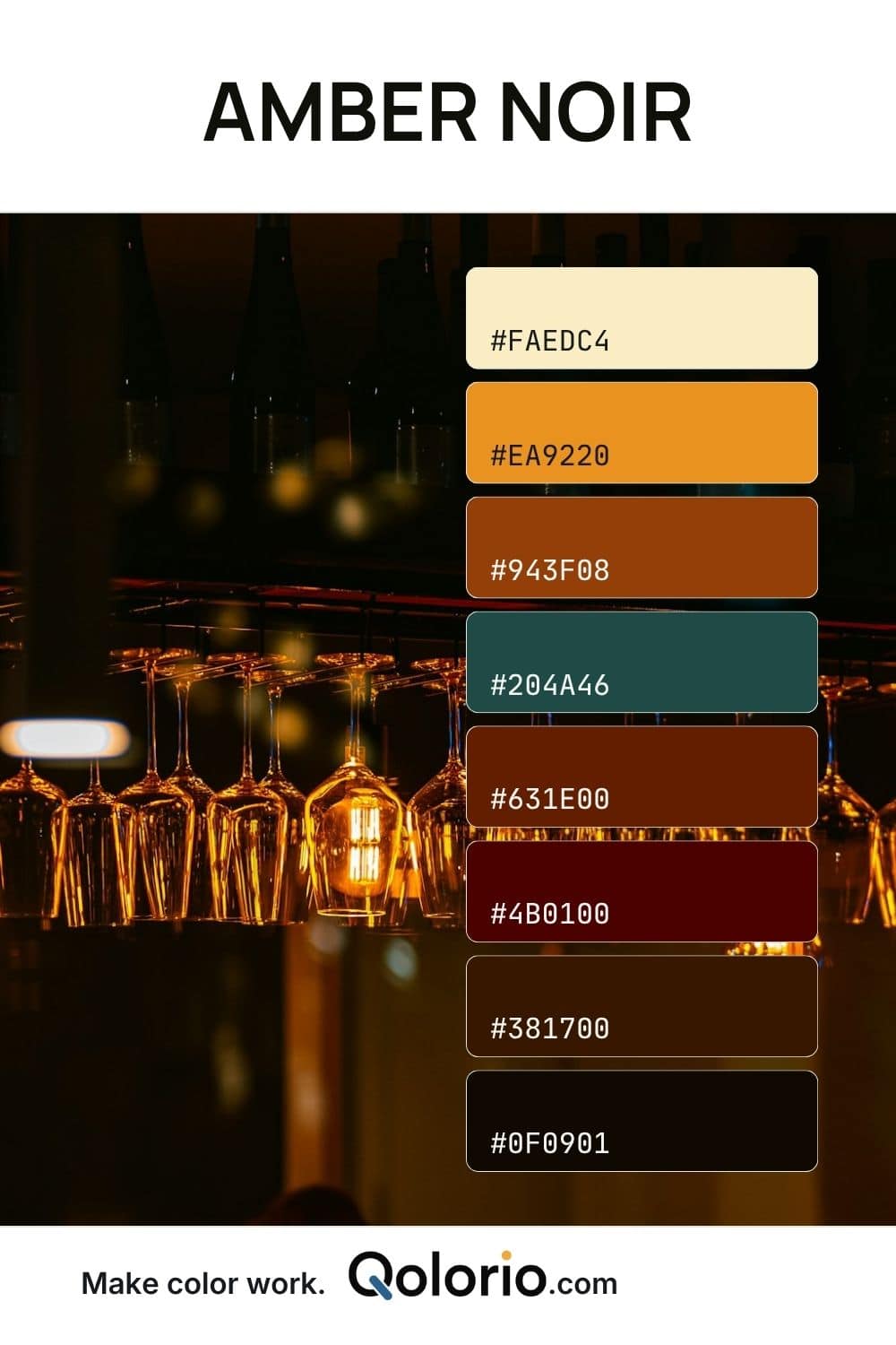 Eight-color Amber After Hours palette with HEX codes in warm cream, glowing amber, burnt orange, deep teal, mahogany, wine red, dark brown and near-black. The palette name Amber After Hours appears at the top, with Qolorio branding at the bottom.
