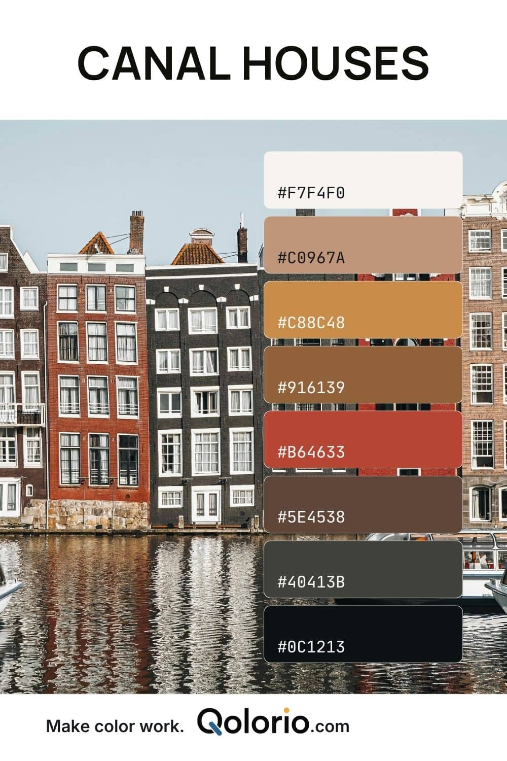 Amsterdam canal house palette with warm white, brick red, ochre, brown, charcoal, and black tones.