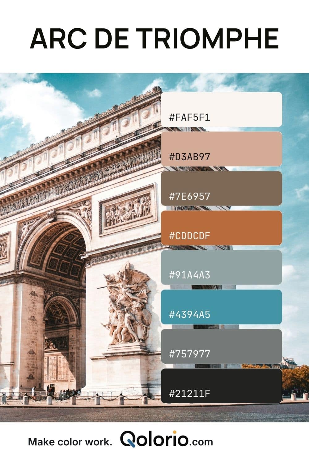 Eight-color Arc de Triomphe palette with warm stone, blush, pale blue, muted teal, gray and charcoal tones.