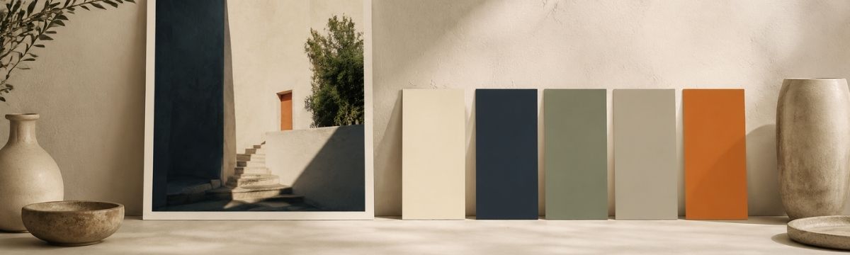 Architectural photograph beside five color swatches in cream, dark blue, muted green, warm stone and orange.