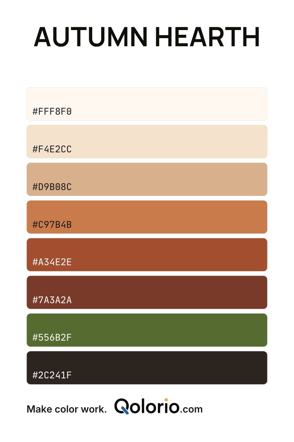 Autumn Hearth color palette with cream, beige, terracotta, warm brown, olive green and deep brown tones.