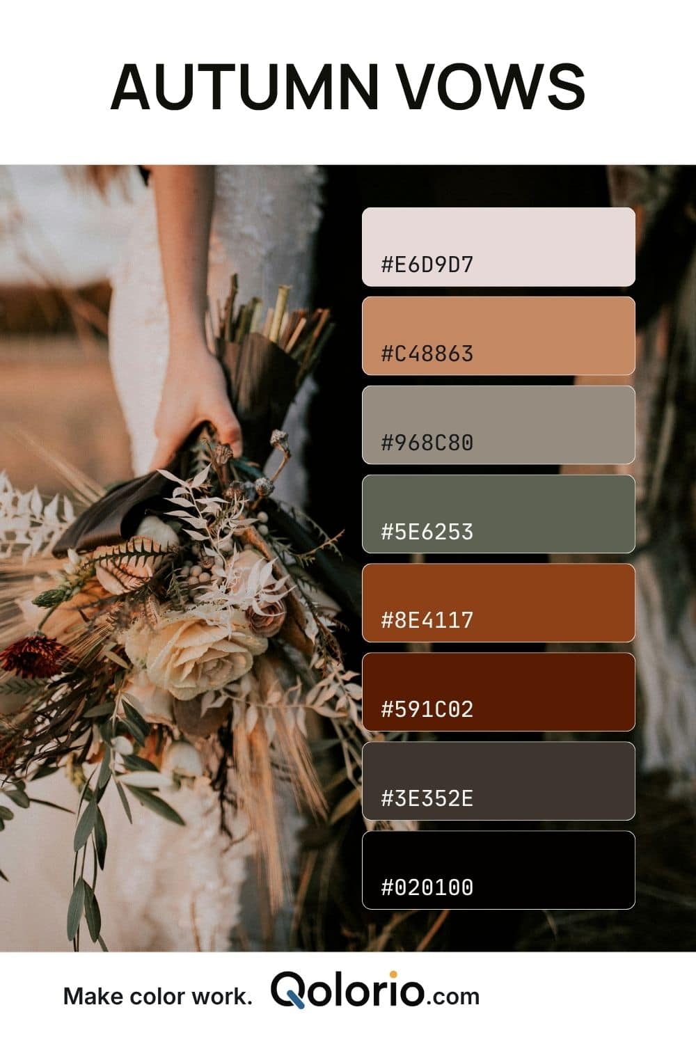 Rustic wedding palette with blush, terracotta, muted sage, dark brown, and black tones.