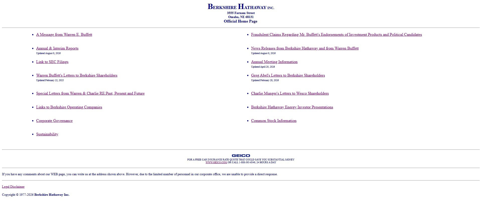 Berkshire Hathaway homepage on a white background with a centered blue heading and two columns of underlined text links.
