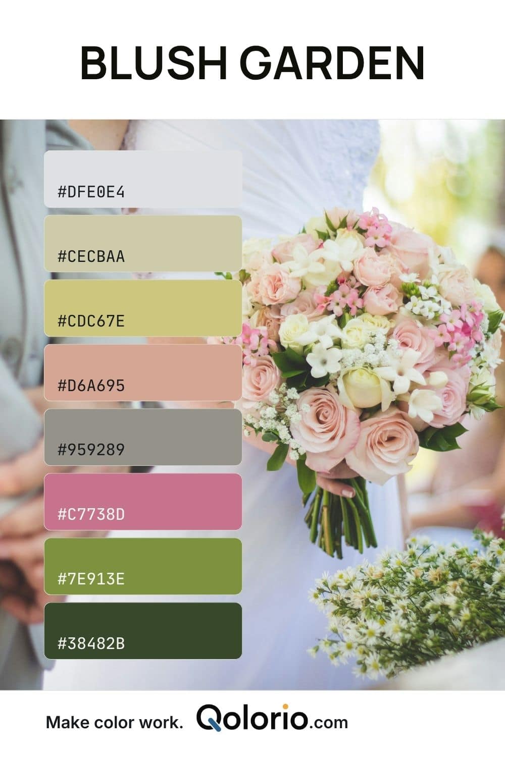 Soft pink wedding bouquet palette with pale gray, muted olive, dusty rose, and garden green tones.