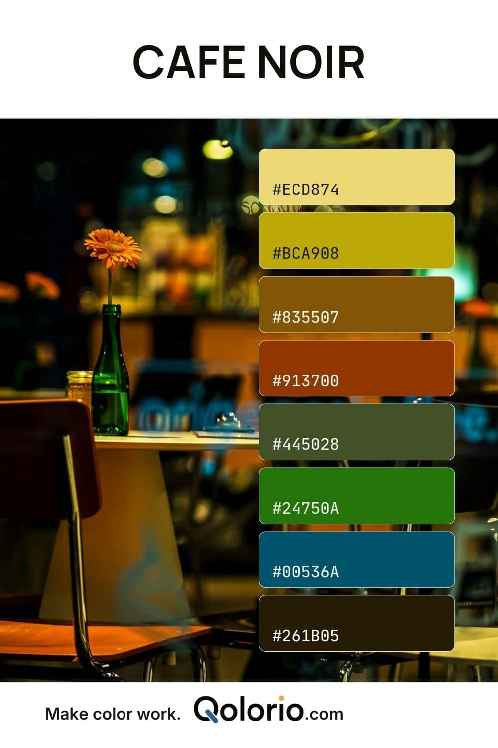 Cafe Noir color palette with mustard yellow, brown, olive green, vivid green, petrol blue and dark brown tones inspired by a moody cafe.