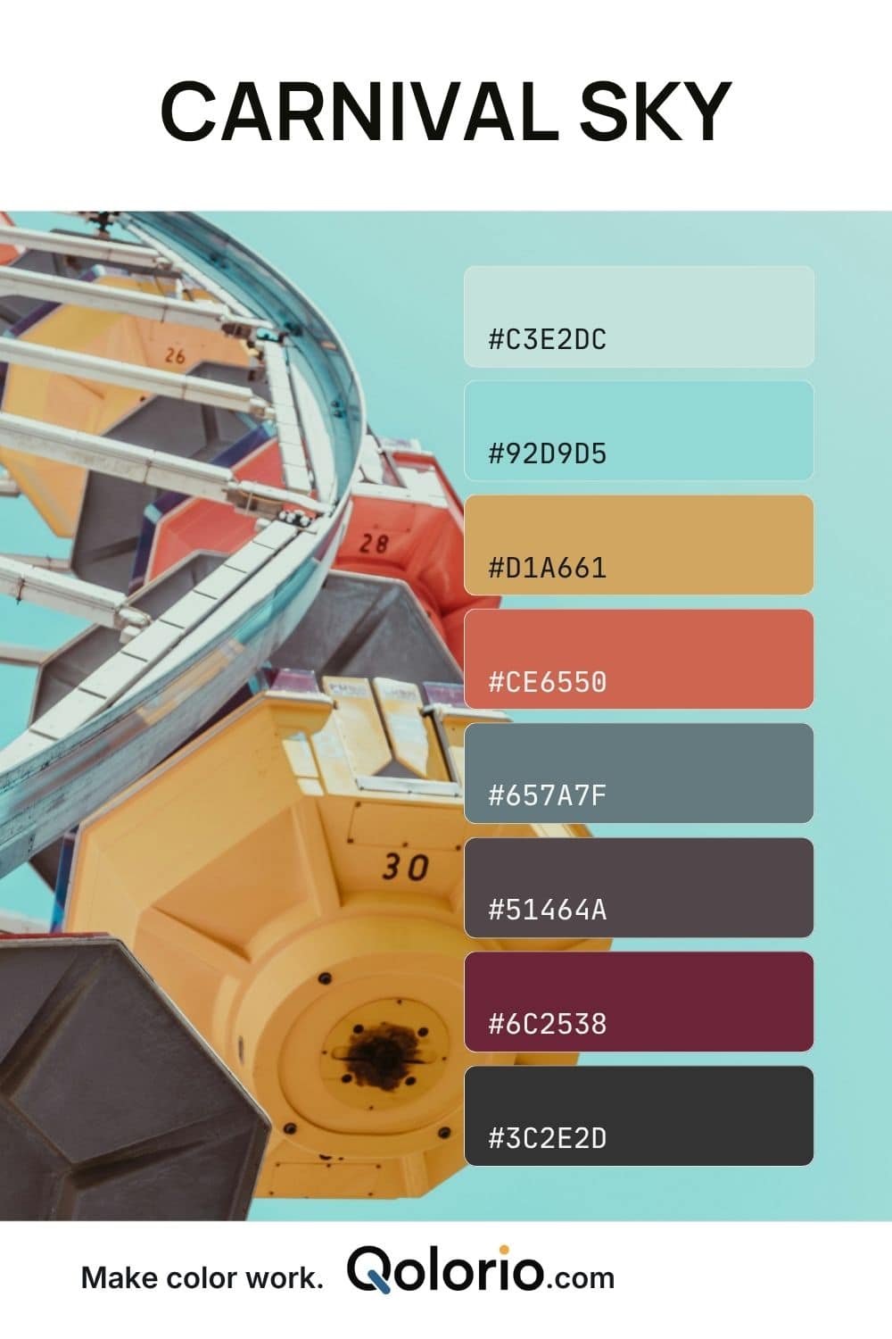Carnival Sky color palette with pastel aqua, turquoise, golden yellow, coral, slate gray, plum and charcoal tones inspired by a fairground ride.