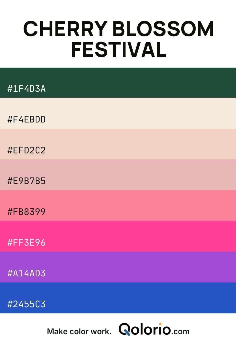 Playful palette combining deep green, soft blush tones, vivid pink, purple, and blue.
