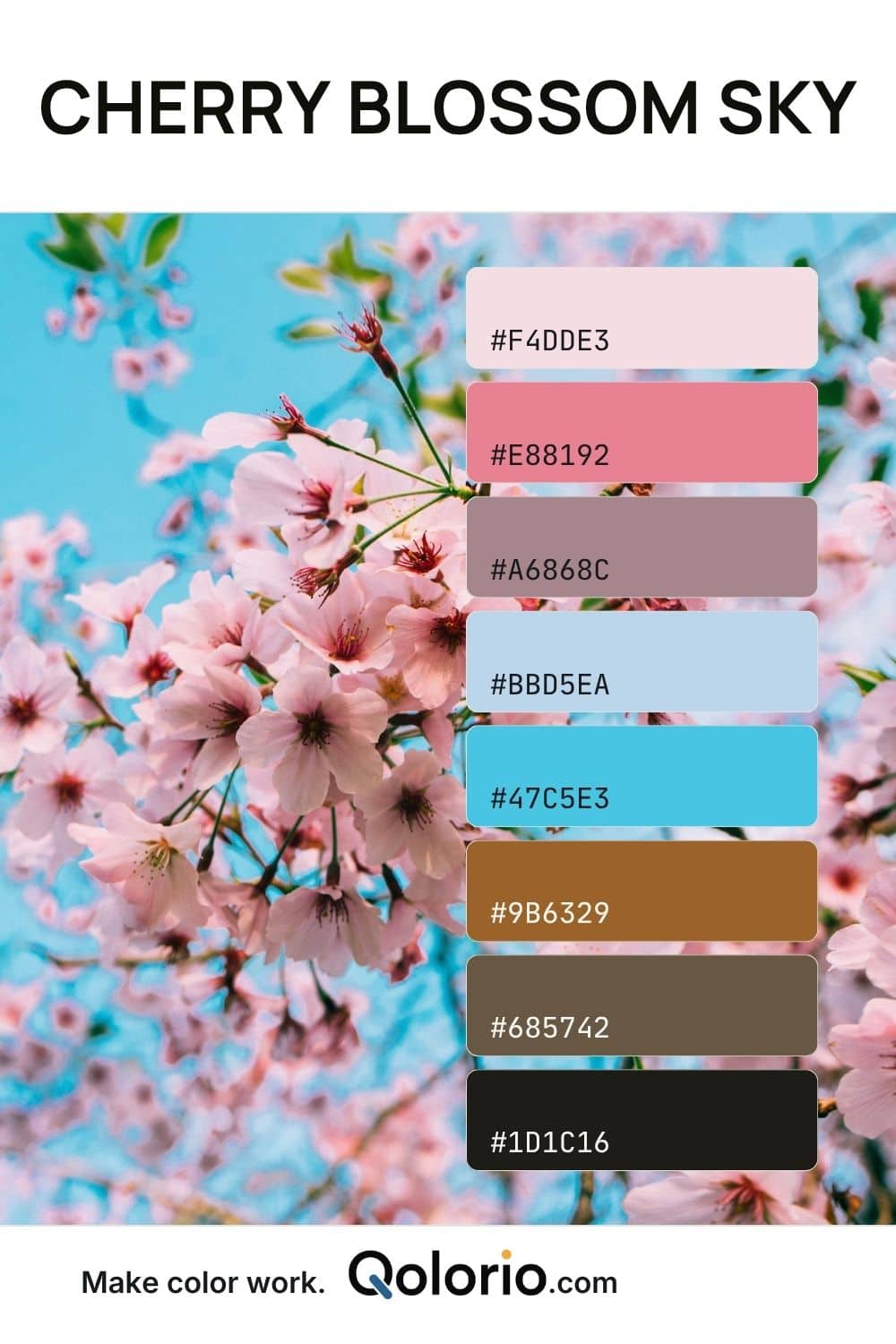 Eight-color Cherry Blossom Sky palette inspired by pink blossoms against a vivid blue sky, with soft pink, bright cyan, warm brown and near-black shades.