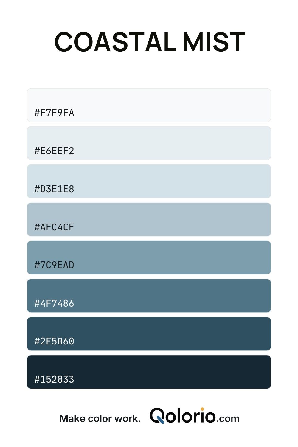 Coastal Mist color palette with soft white, icy blue, blue-gray and deep blue-green tones.