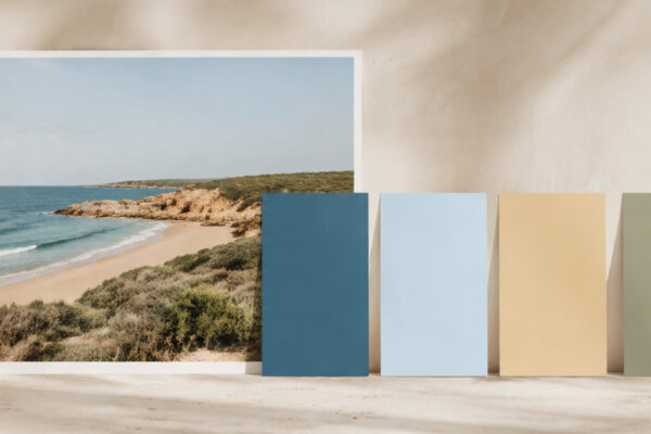 Coastal photograph beside five coordinated color swatches in deep blue, pale blue, sand, sage green and terracotta.