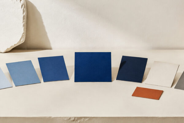 A blue base color expanding into lighter and darker blues, neutral colors and a small warm accent.