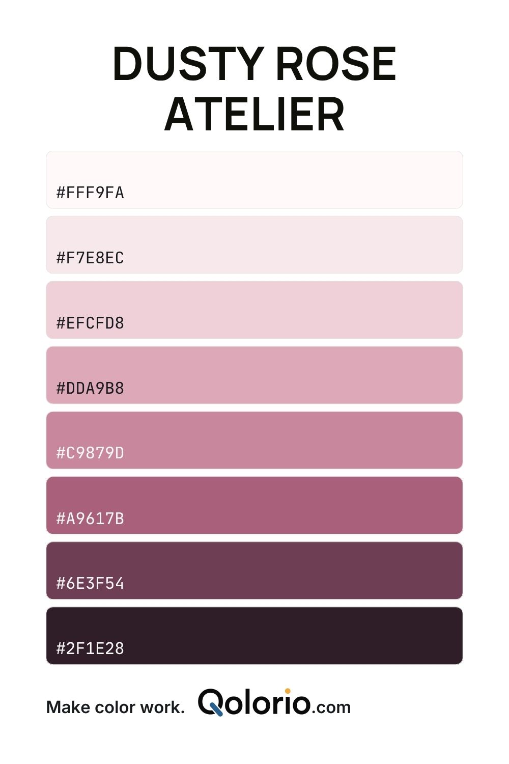 Dusty Rose Atelier color palette with off-white, soft pink, dusty rose, mauve and deep plum-brown tones.