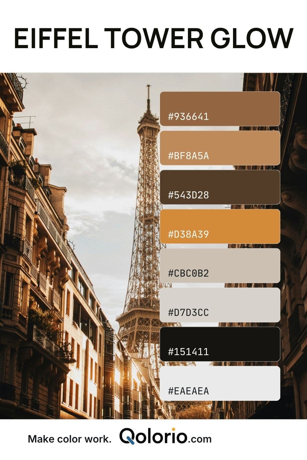 Paris-inspired color palette drawn from the Eiffel Tower at golden hour, combining warm caramel browns, amber, stone neutrals, soft gray, and deep charcoal.