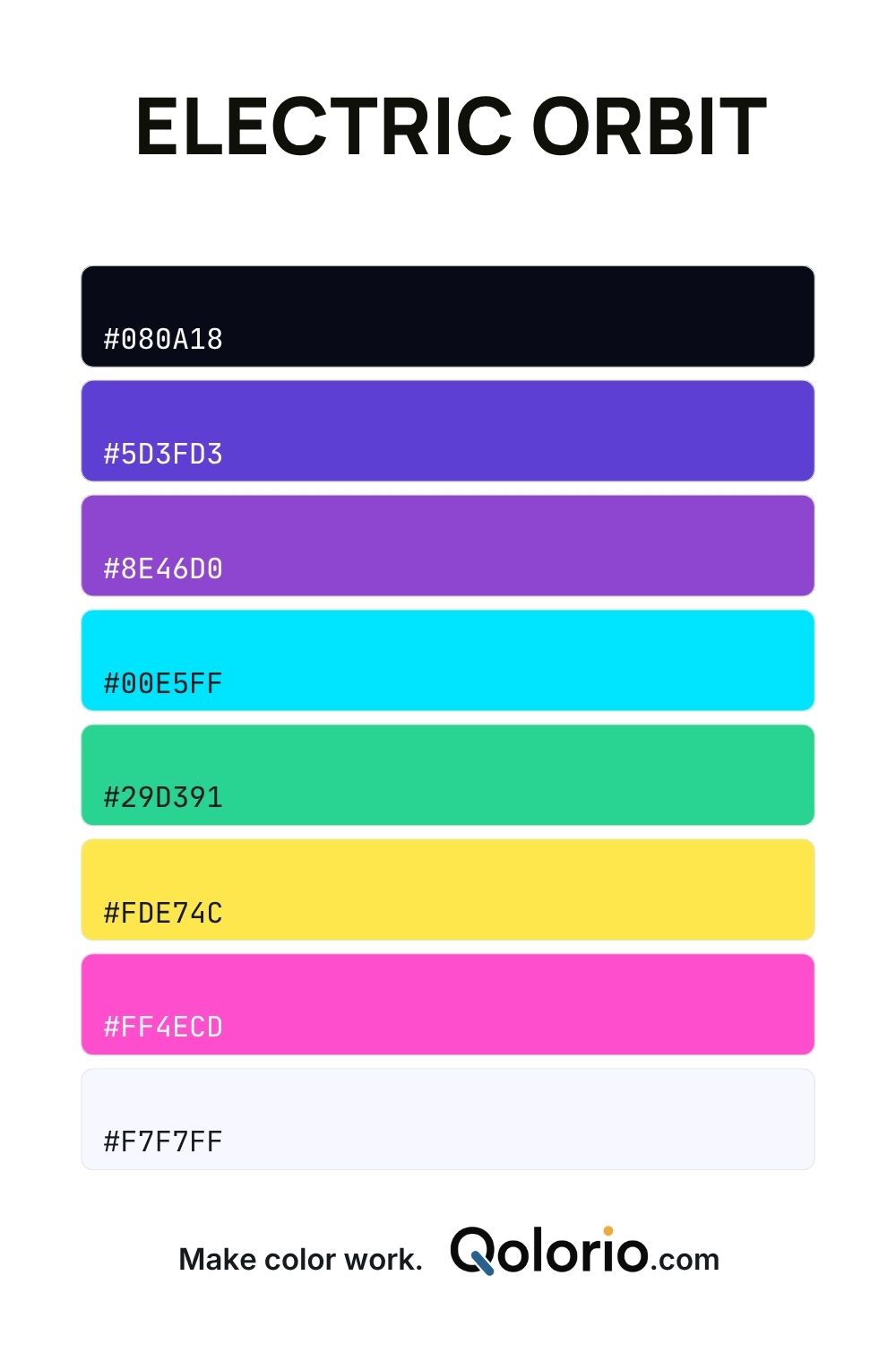 Electric Orbit color palette with dark navy, purple, violet, bright cyan, mint green, yellow and vivid pink tones.