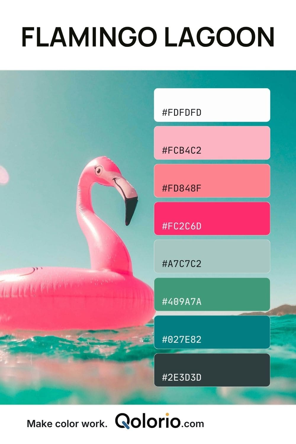 Tropical color palette inspired by a pink flamingo floating in turquoise water, combining vivid pinks, aqua greens, teal, white, and deep charcoal.