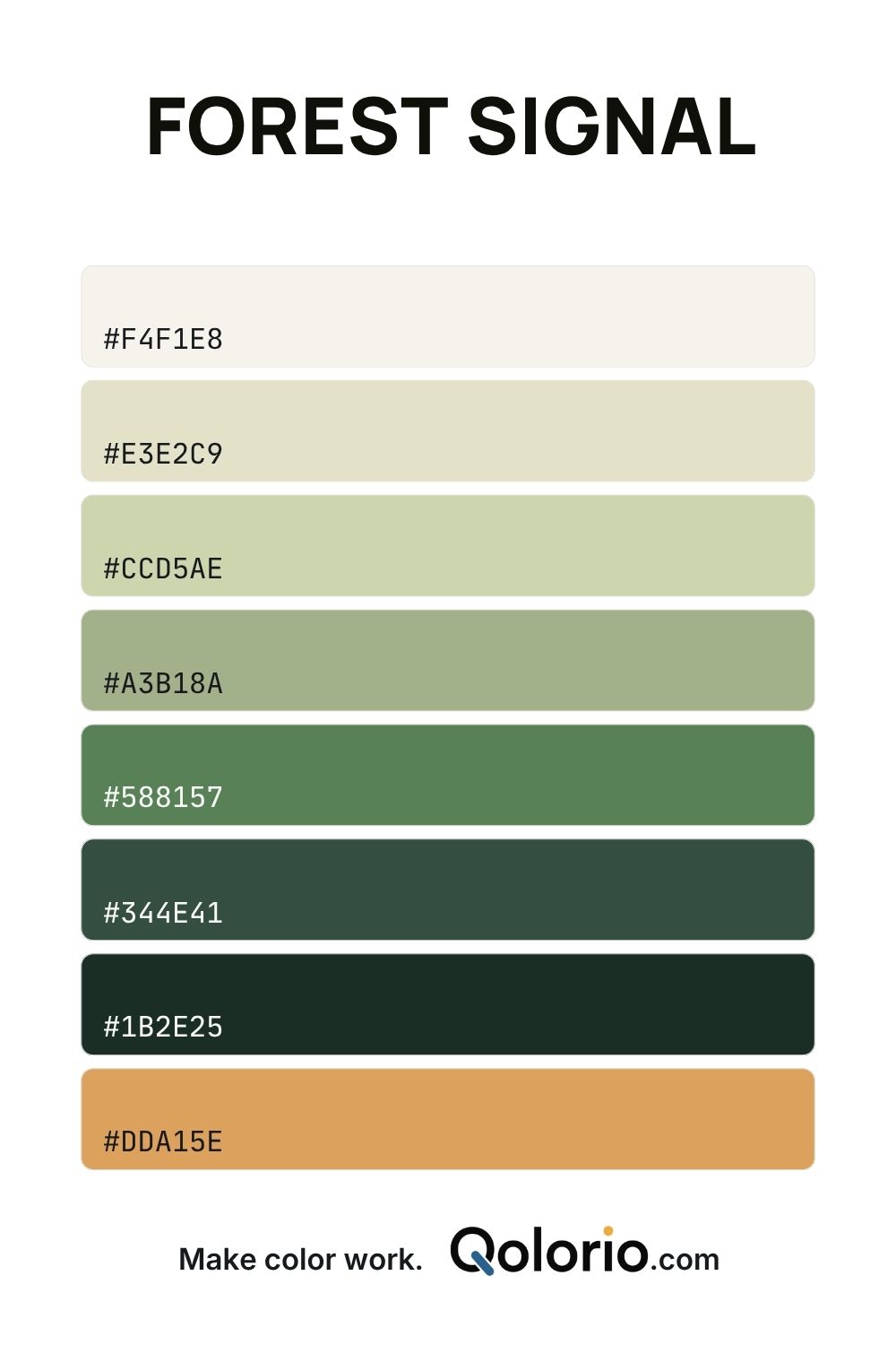 Forest Signal color palette with warm off-white, soft sage, moss green, forest green and an ochre accent.