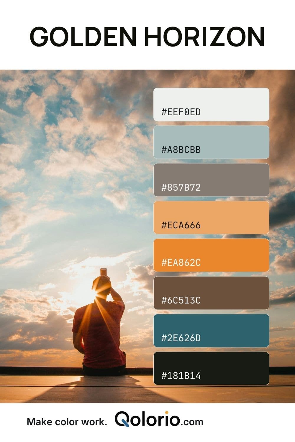 Golden Horizon color palette with warm white, muted sky blue, taupe, peach, orange, brown and deep teal inspired by a glowing sunset.