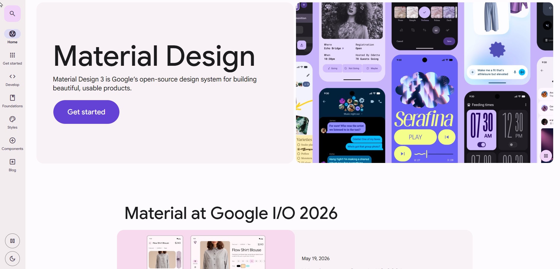 Material Design 3 homepage with a large Material Design heading beside a collage of colorful mobile interface examples.