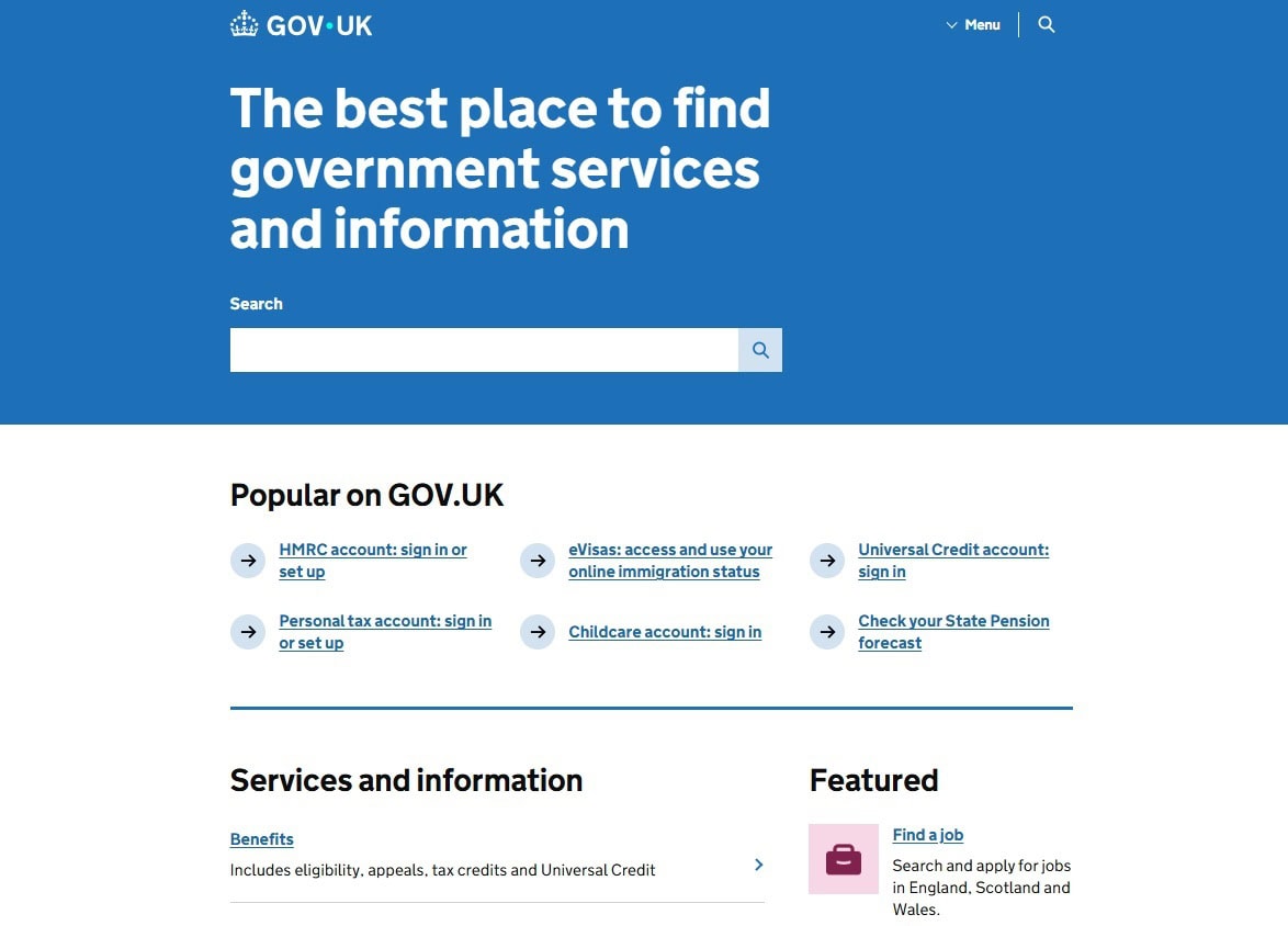 GOV.UK homepage with a blue header, white GOV.UK logo, search field and lists of popular government services.
