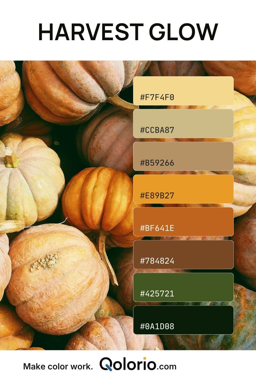 Harvest Glow color palette with pale cream, muted beige, pumpkin orange, warm brown, olive green and deep forest tones inspired by autumn pumpkins.
