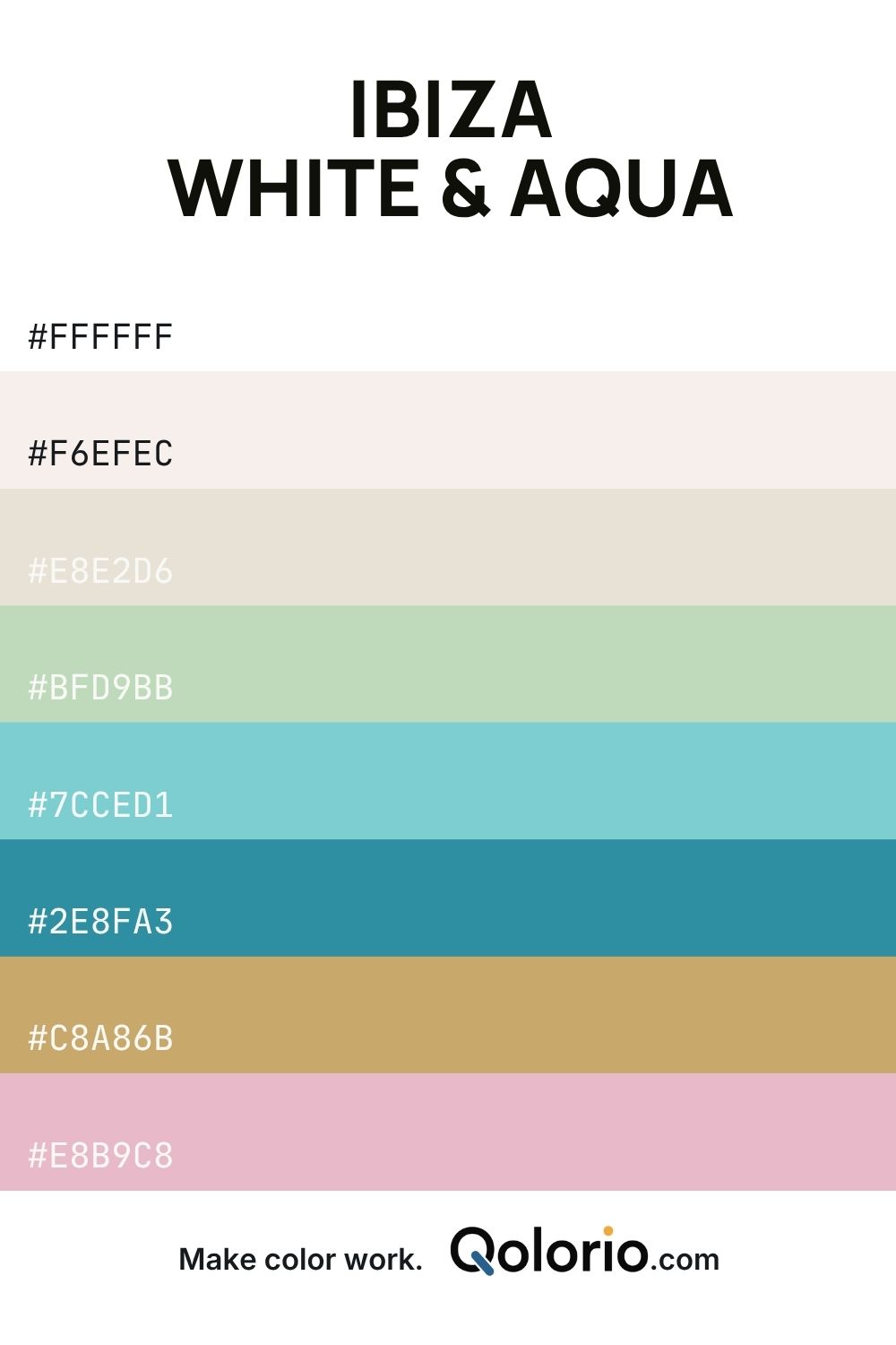 Fresh palette of white, soft neutrals, aqua, muted green, sand, and blush pink.