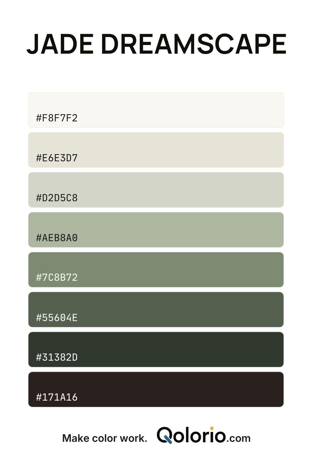 Jade Dreamscape color palette with warm off-white, pale sage, muted jade, moss green and deep forest tones.